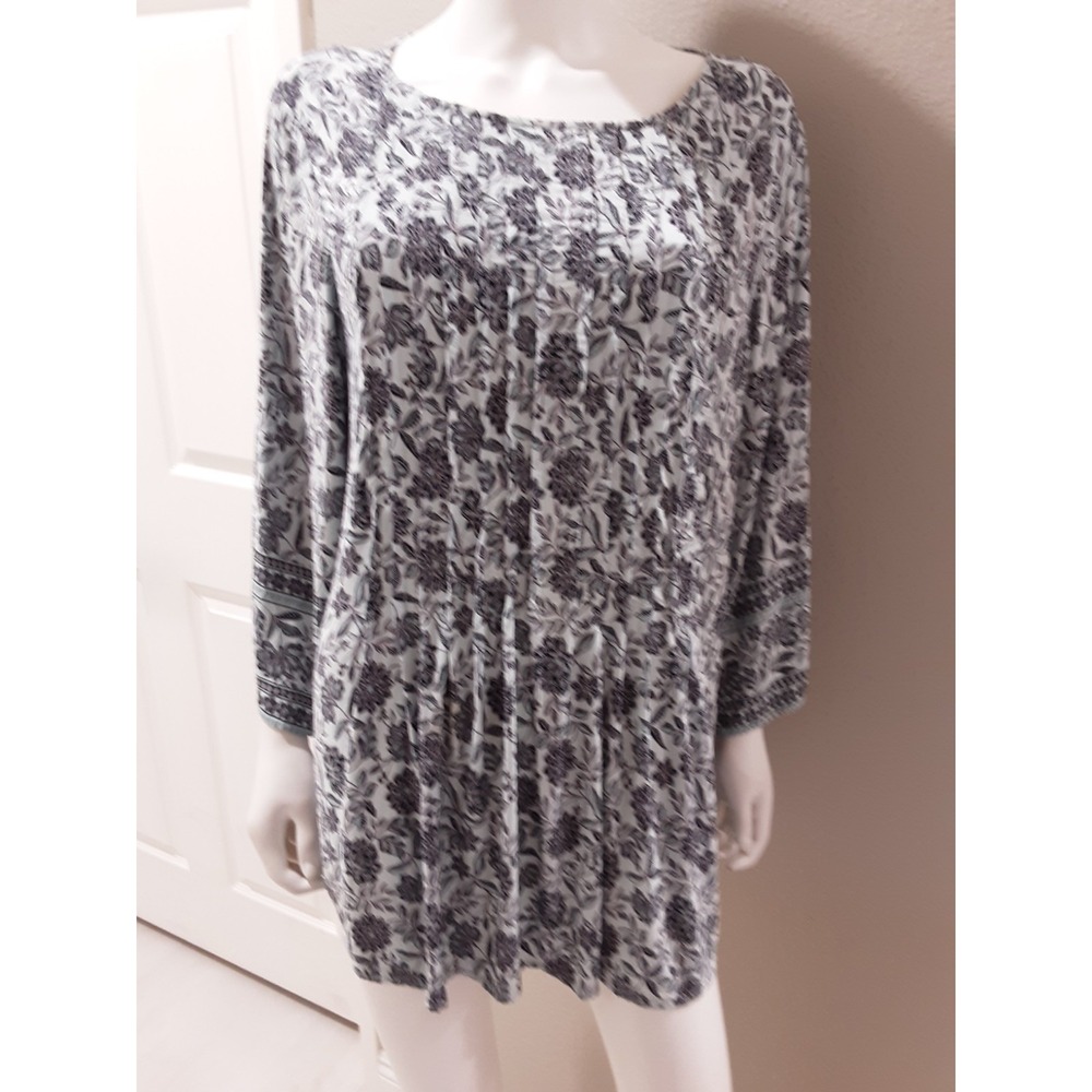 J. Jill Top 3/4 Sleeve Pintucks Floral Blouse Size XL Blue Multicolor Peasant